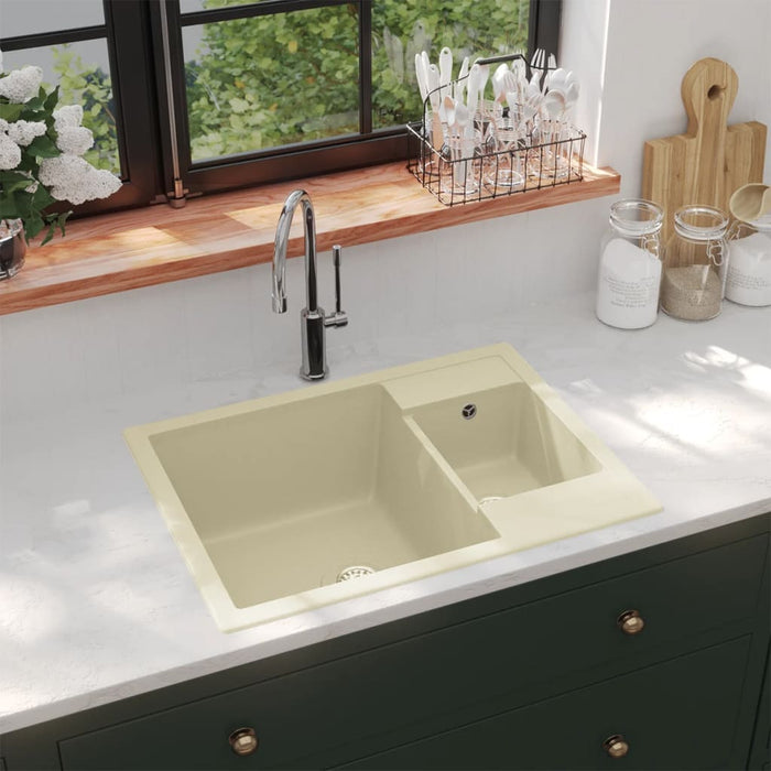 Lavello da Cucina Doppio con Foro Troppopieno Beige in Granito cod mxl 40586