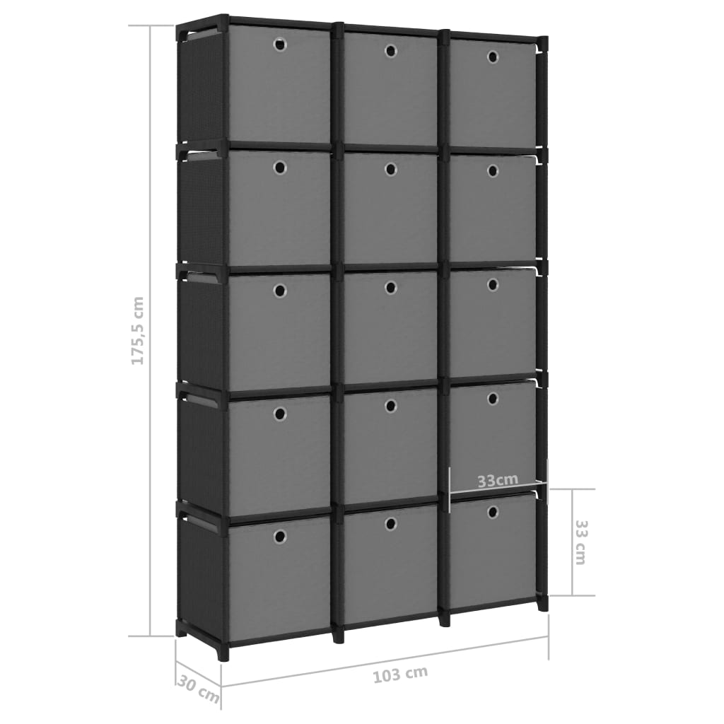 Mensola con 15 Scatole a Cubo Nera 103x30x175,5 cm in Tessuto cod mxl 33799