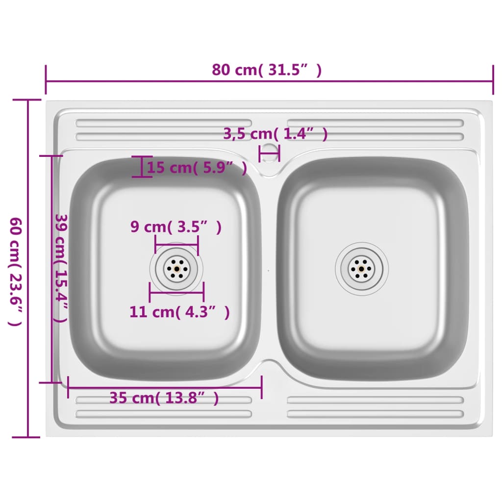 Lavello Cucina Doppia Vasca 800x600x155 mm Argento Acciaio Inox 147235