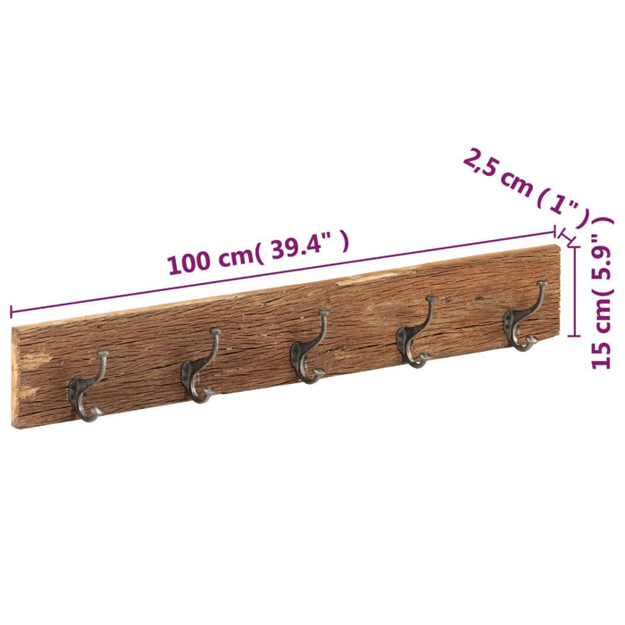 Appendiabiti Parete 5 Ganci 100x2,5x15cm Massello di Recupero 321950