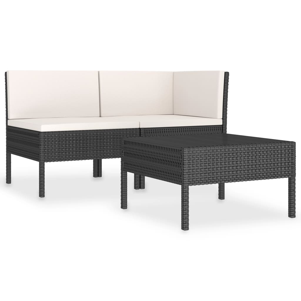 Set Divani da Giardino 3 pz con Cuscini in Polyrattan Nero cod mxl 37746