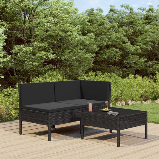 Set Divani da Giardino 3 pz con Cuscini in Polyrattan Nero 310187