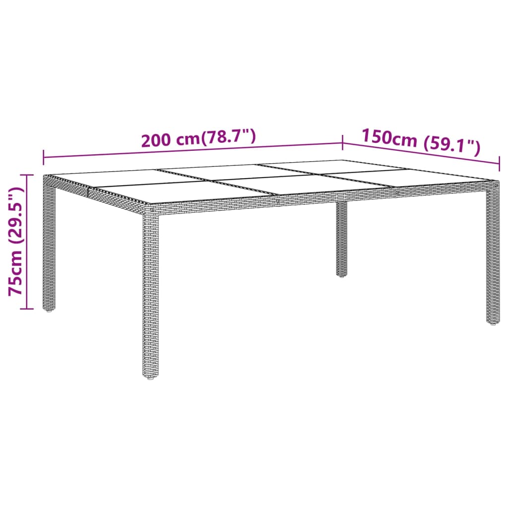 Tavolo Giardino 200x150x75 cm Vetro Temperato e Polyrattan Nero cod mxl 34551