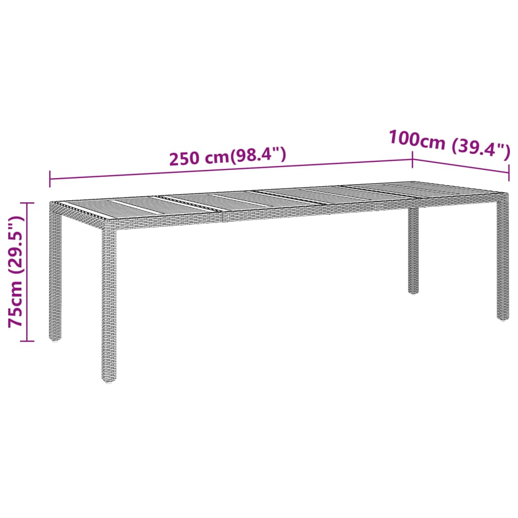 Tavolo Giardino 250x100x75 cm Massello Acacia e Polyrattan Nero 310596