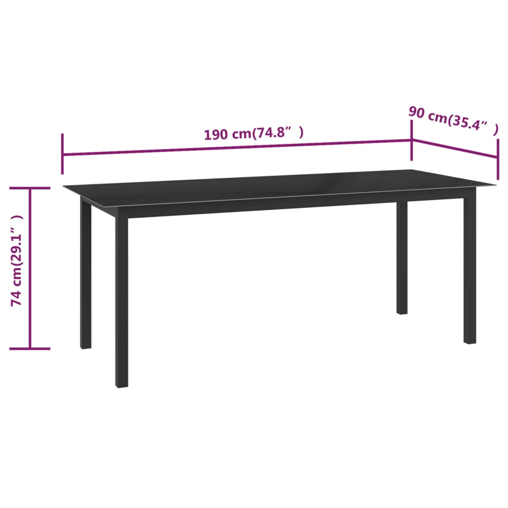 Tavolo da Giardino Nero 190x90x74 cm in Alluminio e Vetro cod mxl 34533
