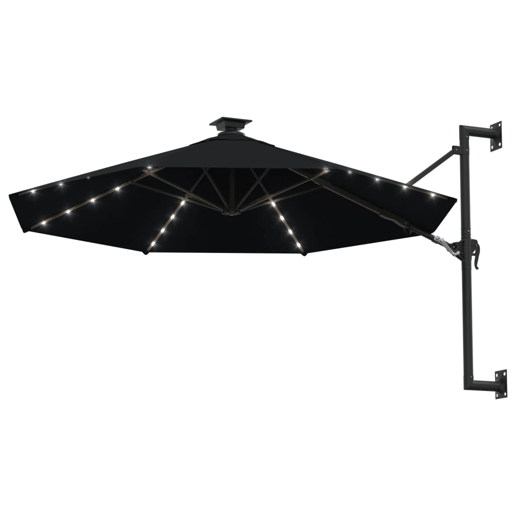 Ombrellone a Muro con LED e Palo in Metallo 300 cm Nero cod mxl 57784