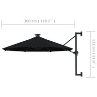 Ombrellone a Muro con LED e Palo in Metallo 300 cm Nero cod mxl 57784