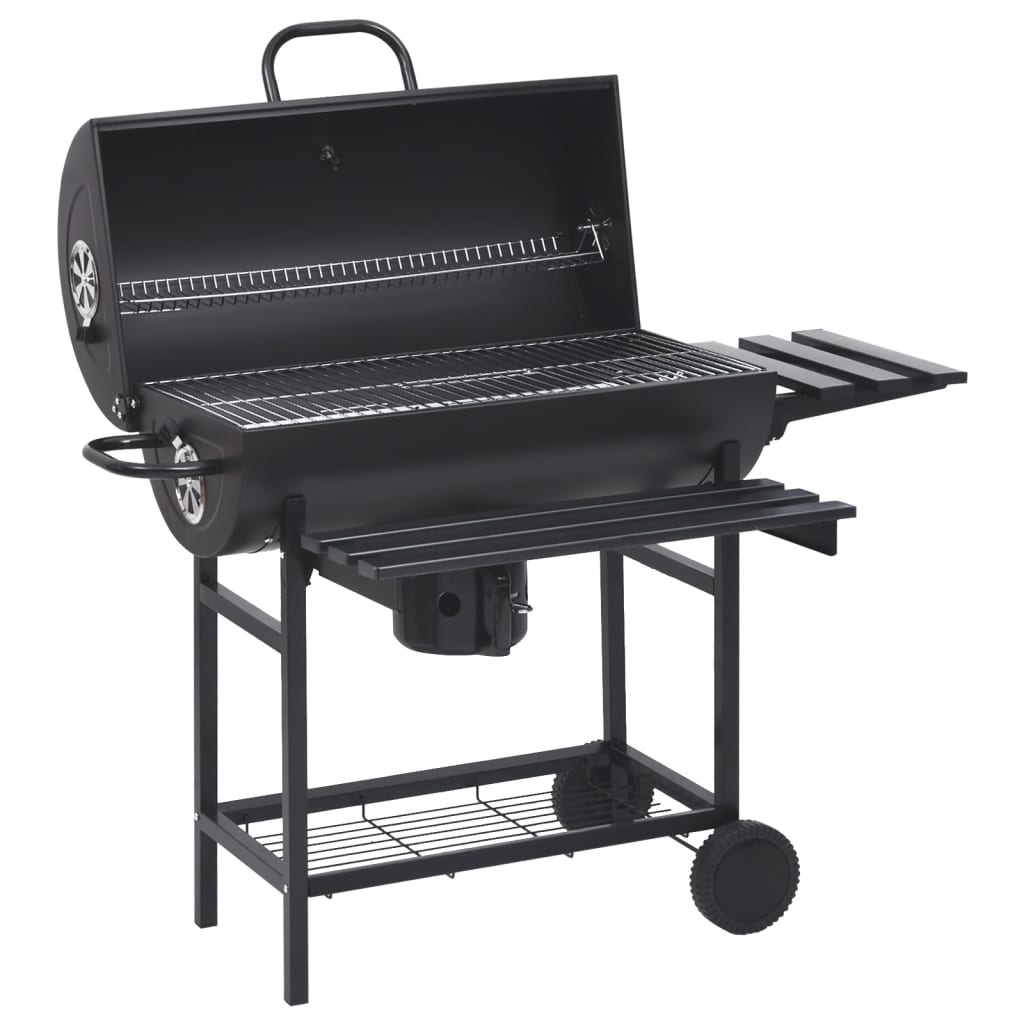 Barbecue a Barile con Ruote e Ripiani Acciaio Nero 115x85x95 cm 313636