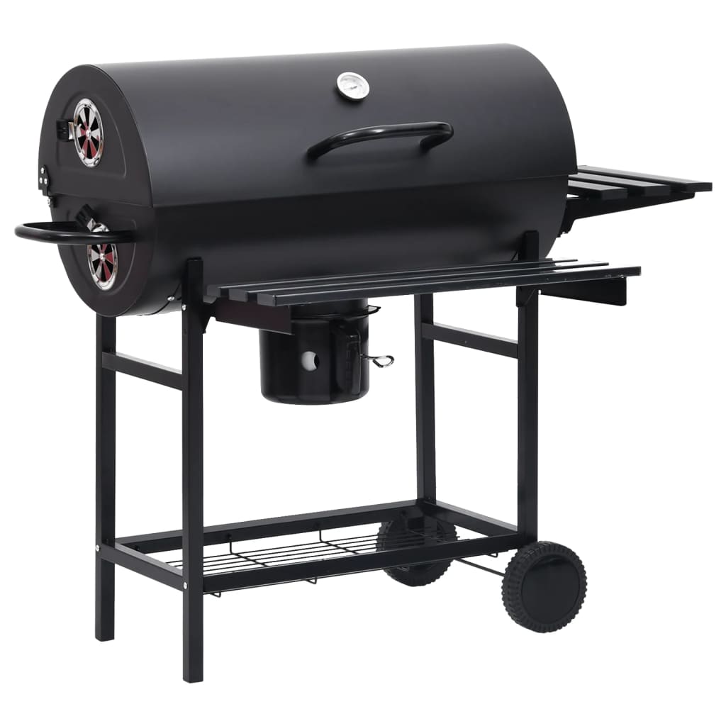 Barbecue a Barile con Ruote e Ripiani Acciaio Nero 115x85x95 cm 313636