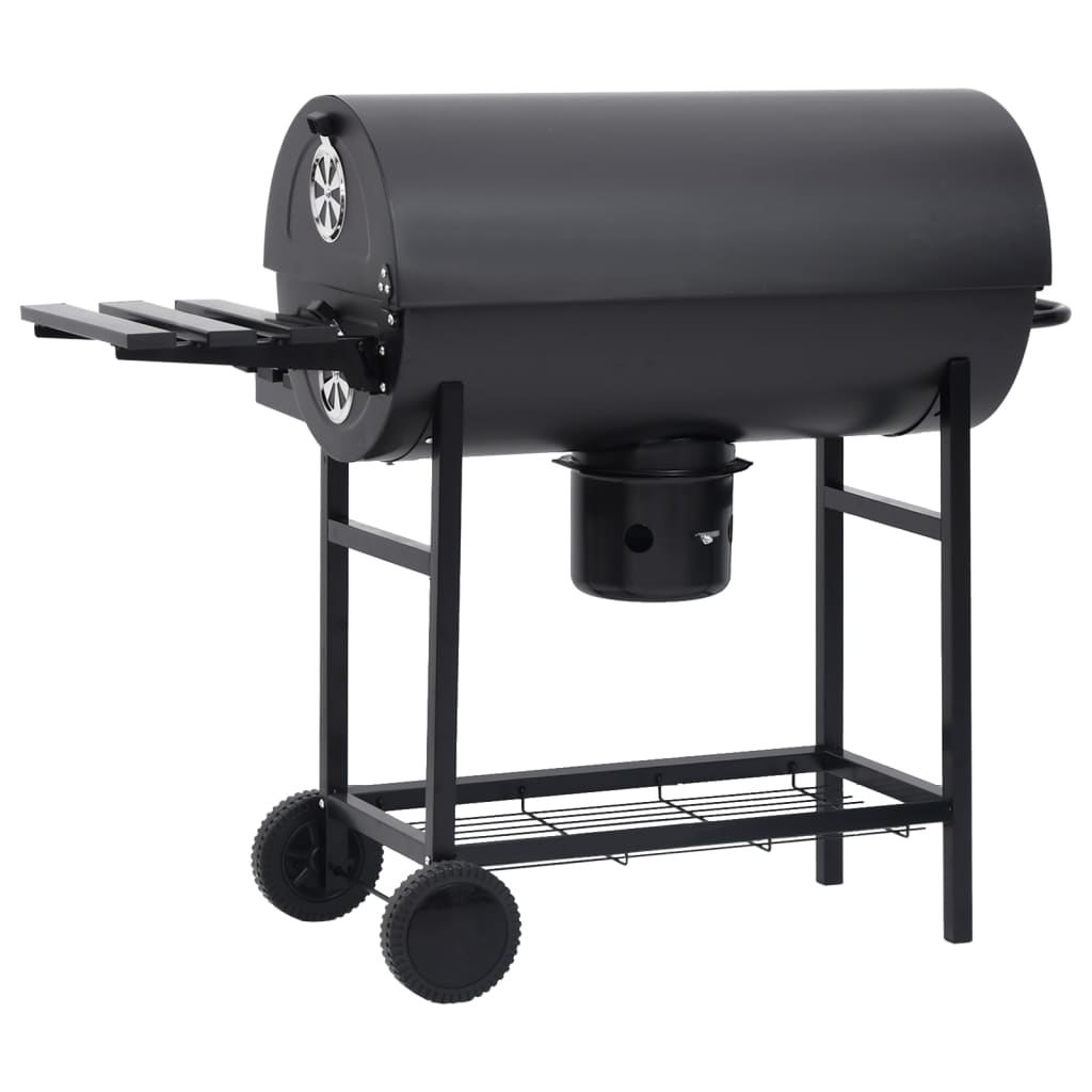 Barbecue a Barile con Ruote e Ripiani Acciaio Nero 115x85x95 cm 313636