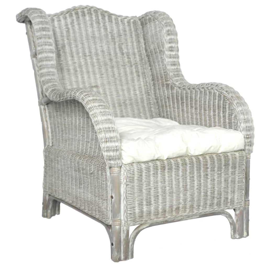 Poltrona con Cuscino Grigio in Rattan Naturale e Lino 325464