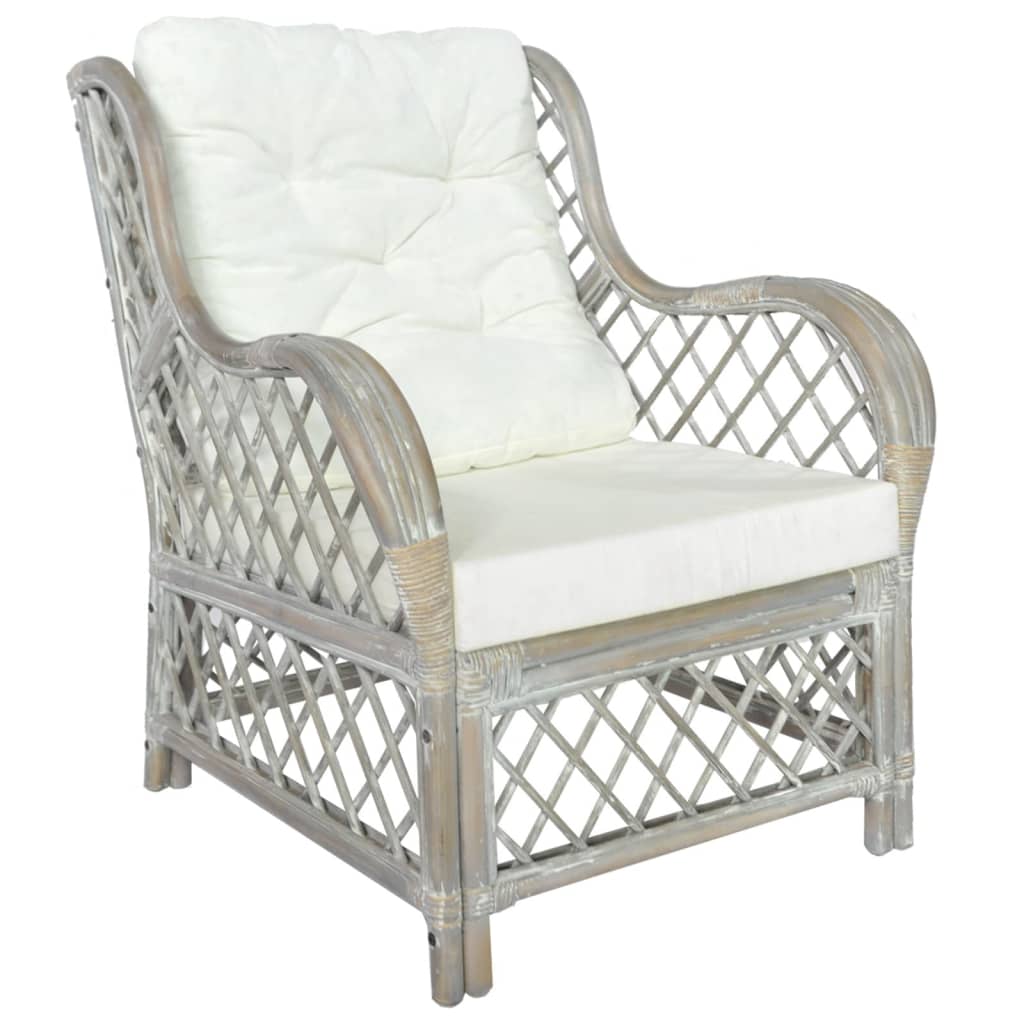 Poltrona con Cuscino Grigio in Rattan Naturale e Lino 325470