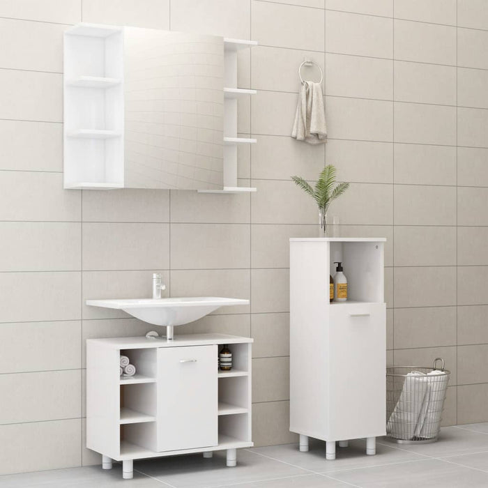 Set Mobili da Bagno 3 pz Bianco Lucido in Truciolato