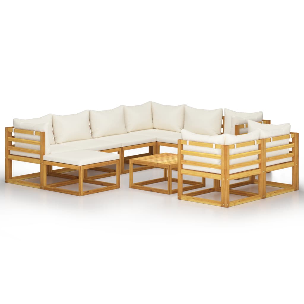 Set Divani da Giardino 10 pz con Cuscini Crema Massello Acacia