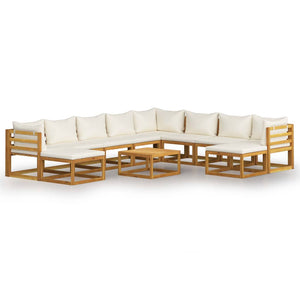 Set Divani da Giardino 11 pz con Cuscini Crema in Legno Acacia