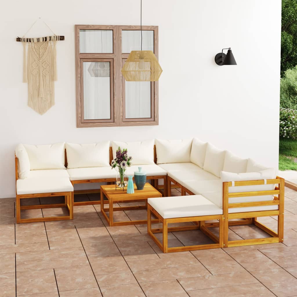 Set Divani da Giardino 11 pz con Cuscini Crema in Legno Acacia