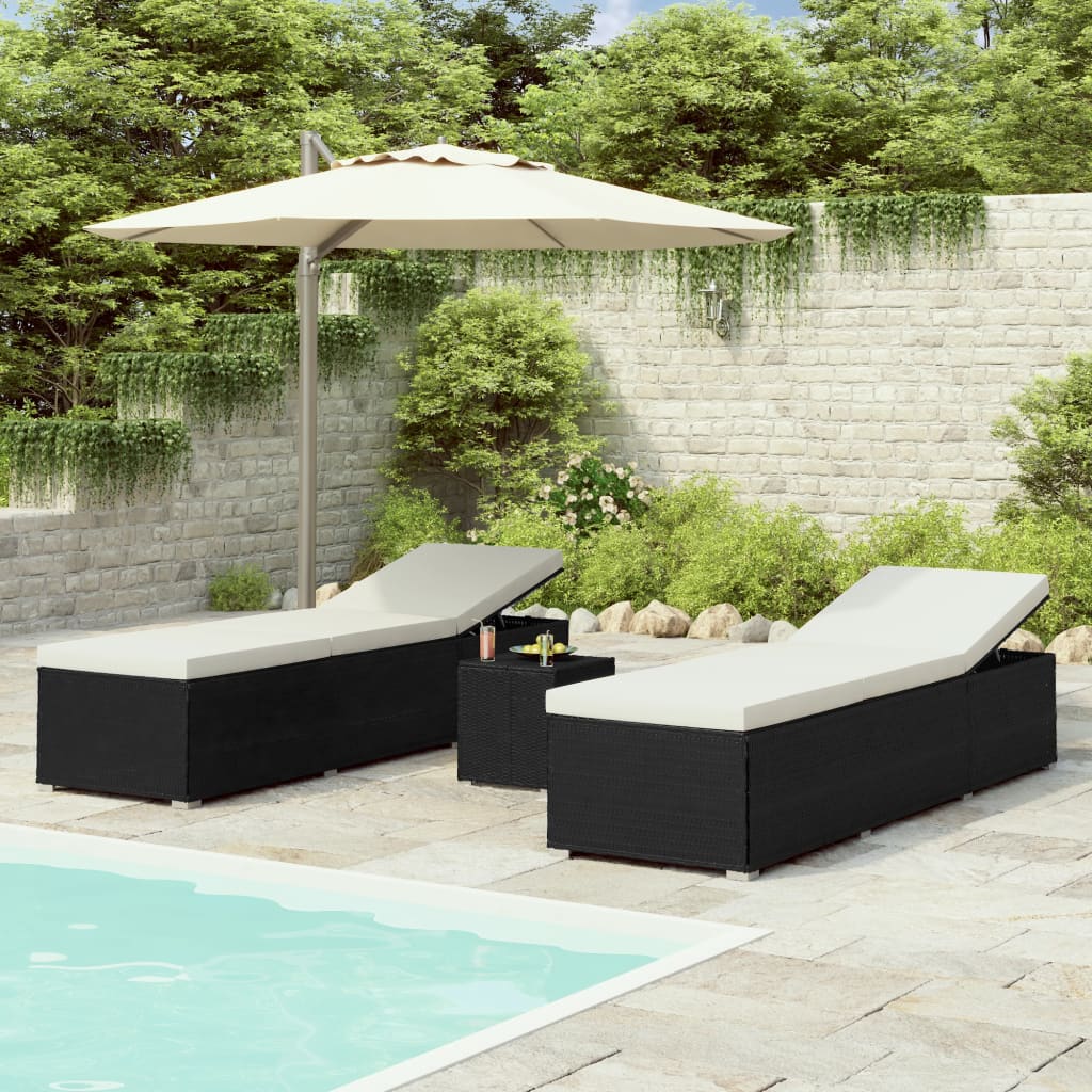 Lettini Prendisole con Tavolino 3 pz in Polyrattan Nero cod mxl 23340