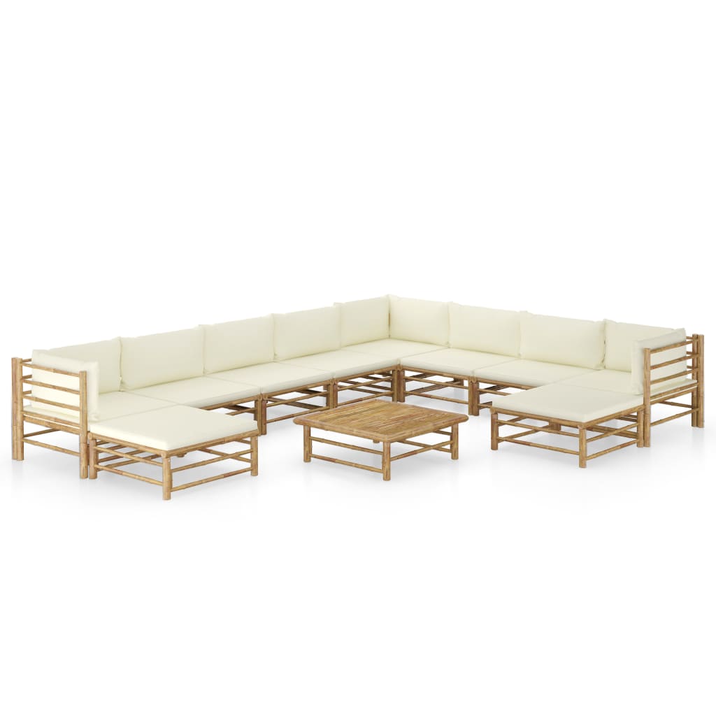 Set Divani da Giardino 11 pz con Cuscini Bianco Crema in Bambù cod mxl 39998