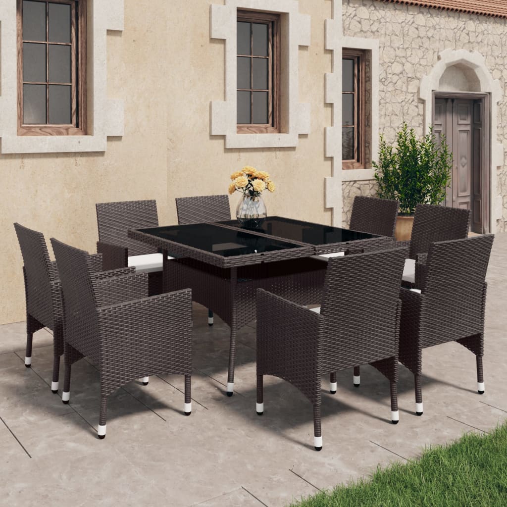 Set da Pranzo da Giardino 9 pz in Polyrattan e Vetro Marrone 3058341