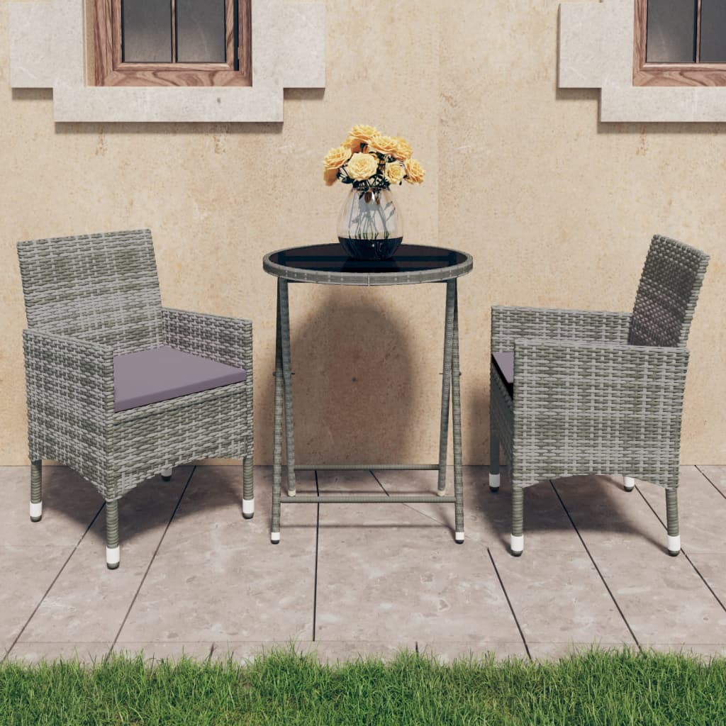 Set Bistrot Giardino 3 pz Polyrattan e Vetro Temperato Grigio cod mxl 37923