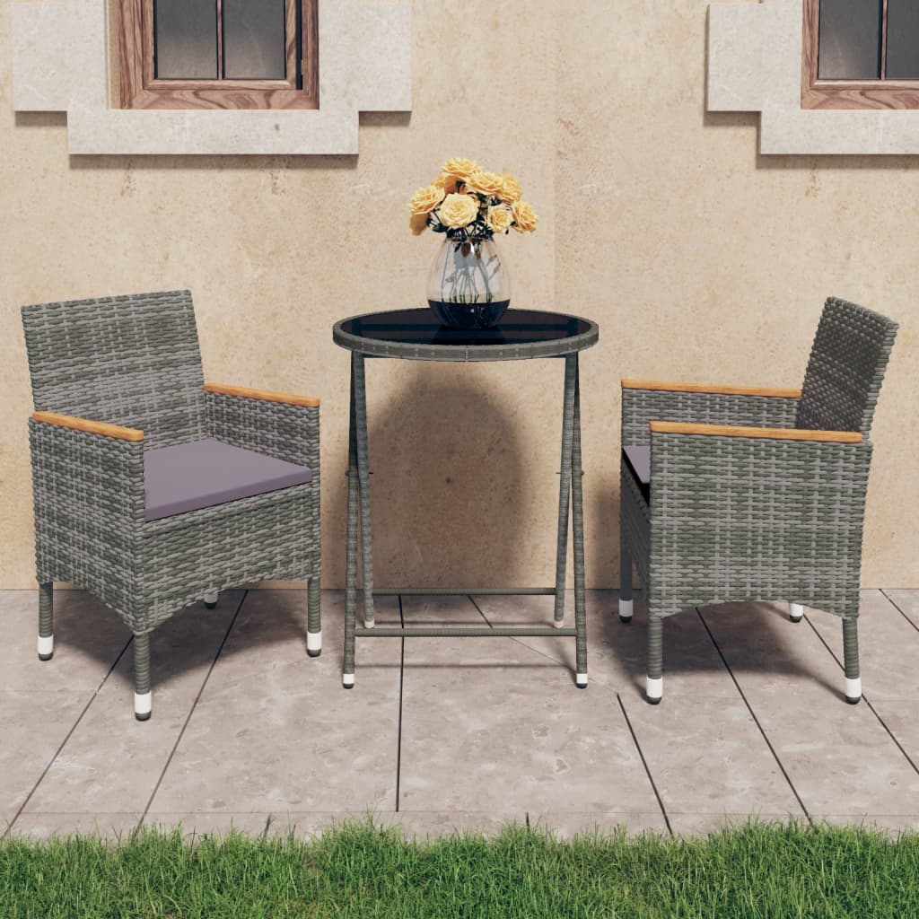 Set Bistrot Giardino 3 pz Polyrattan e Vetro Temperato Grigio cod mxl 41739