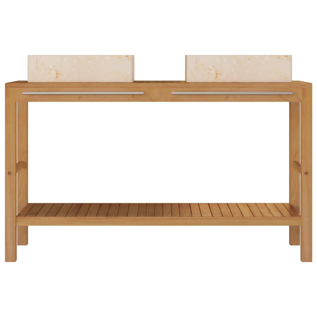 Armadietto da Bagno in Legno di Teak con Lavabi in Marmo Crema cod mxl 64670