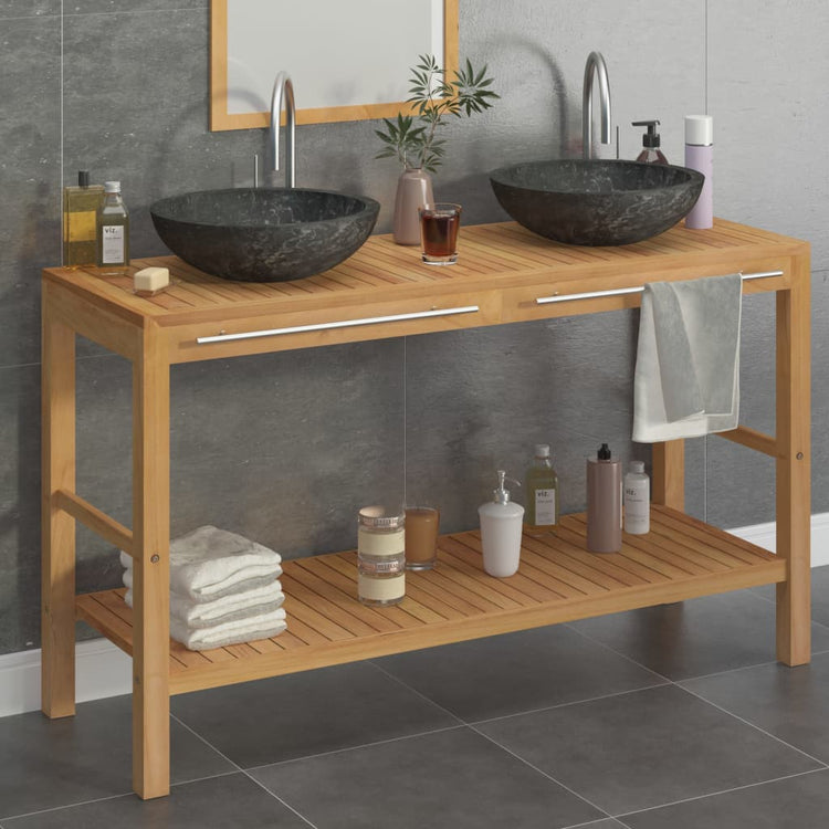 Armadietto da Bagno in Legno di Teak con Lavabi in Marmo Nero cod mxl 71775