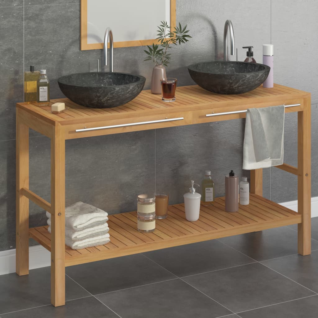 Armadietto da Bagno in Legno di Teak con Lavabi in Marmo Nero 3058168