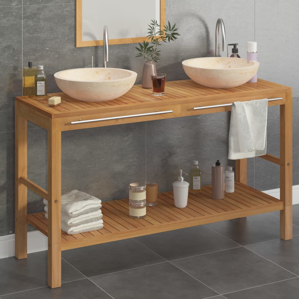 Armadietto da Bagno in Legno di Teak con Lavabi in Marmo Crema cod mxl 71776