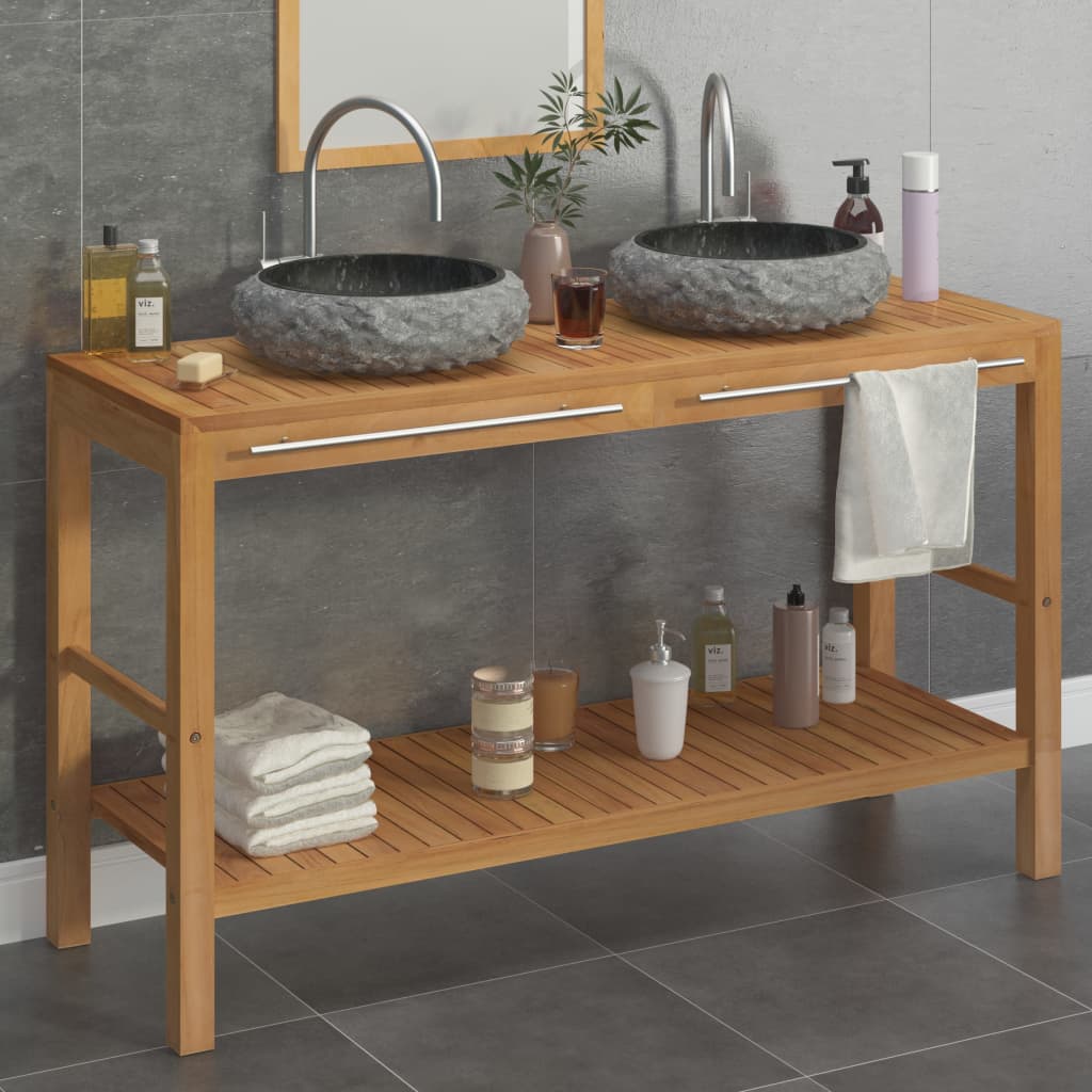 Armadietto da Bagno in Legno di Teak con Lavabi in Marmo Nero 3058170