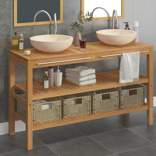 Armadietto da Bagno in Legno di Teak con Lavabi in Marmo Crema  cod mxl 65137