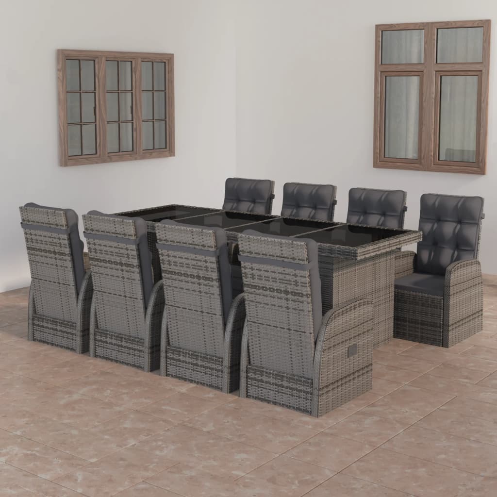 Set da Pranzo da Giardino 9 pz con Cuscini in Polyrattan Grigio cod mxl 41553