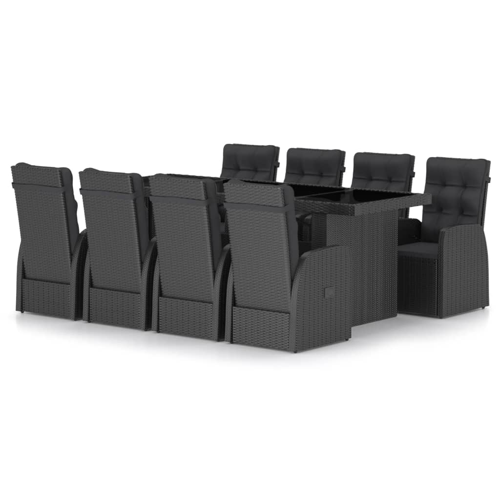 Set da Pranzo da Giardino 9 pz con Cuscini in Polyrattan Nero 3059343