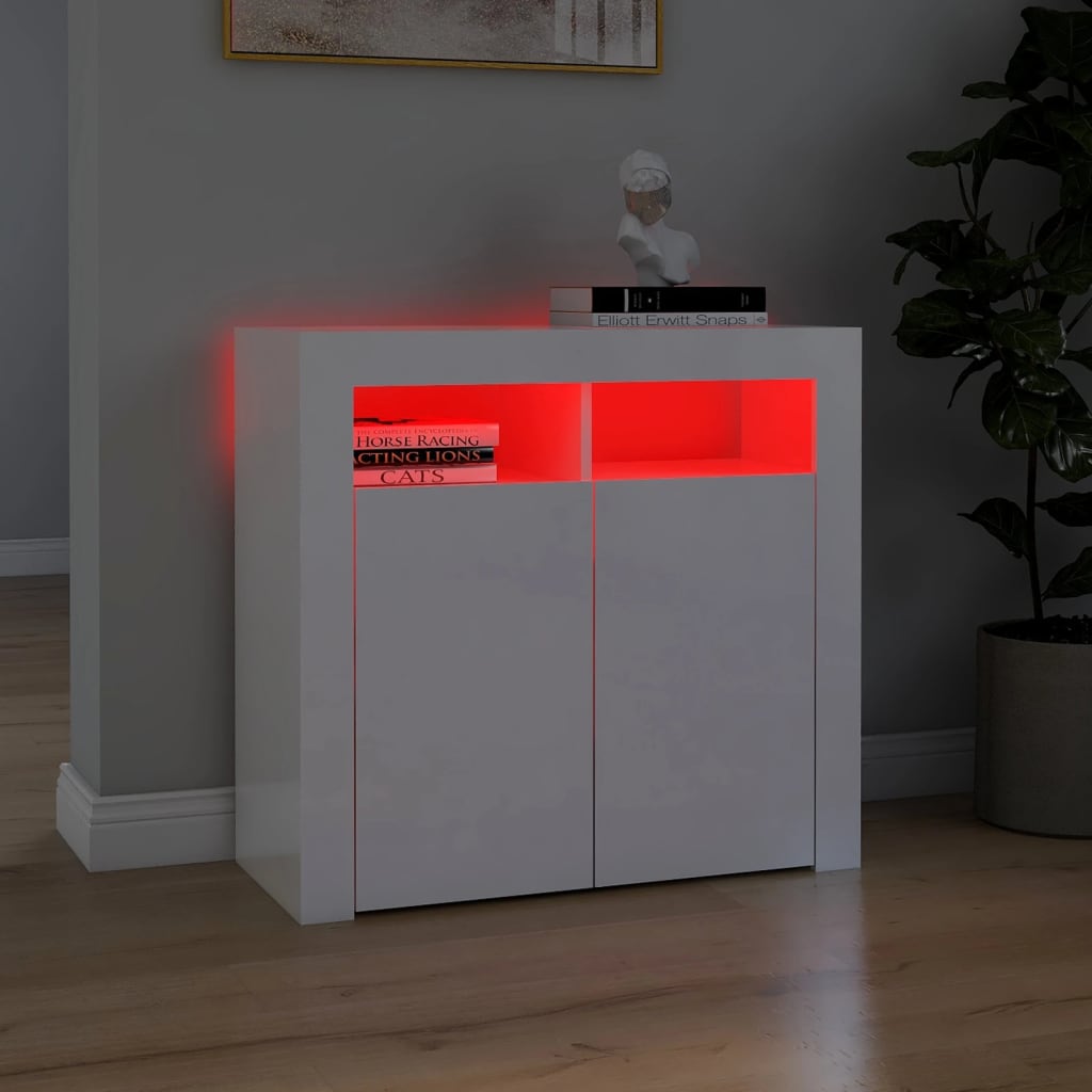 Credenza con Luci a LED Bianco Lucido 80x35x75 cm