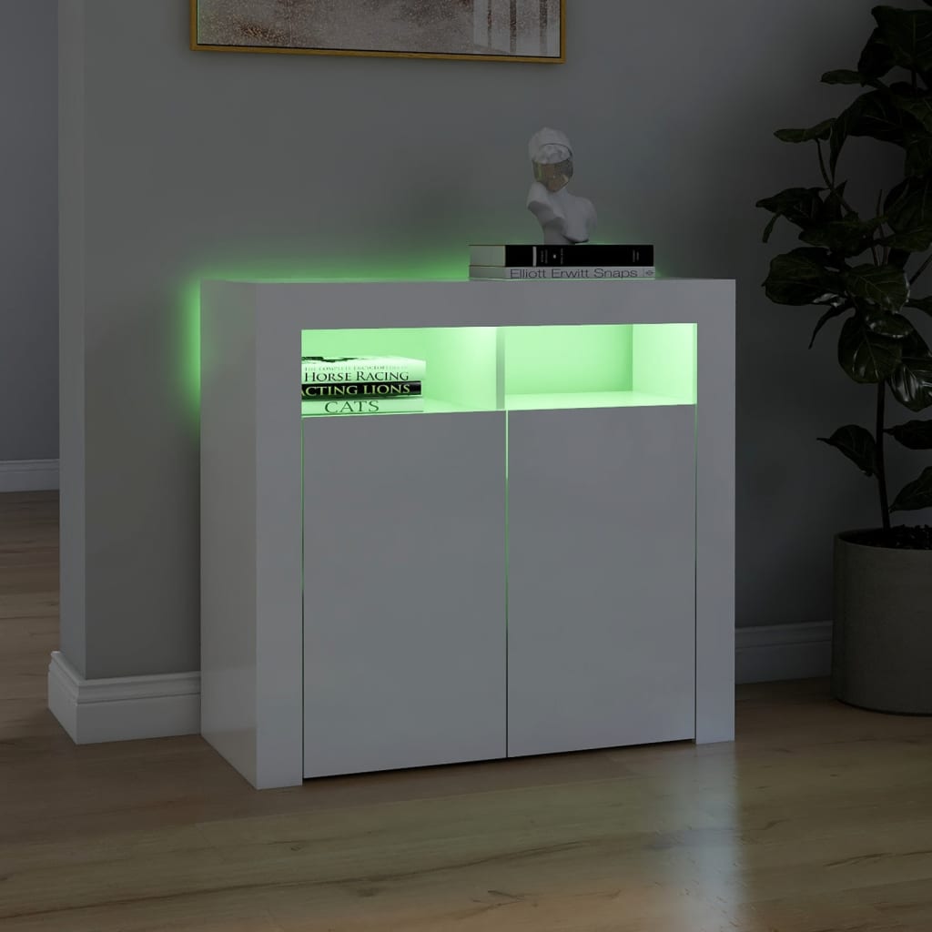 Credenza con Luci a LED Bianco Lucido 80x35x75 cm