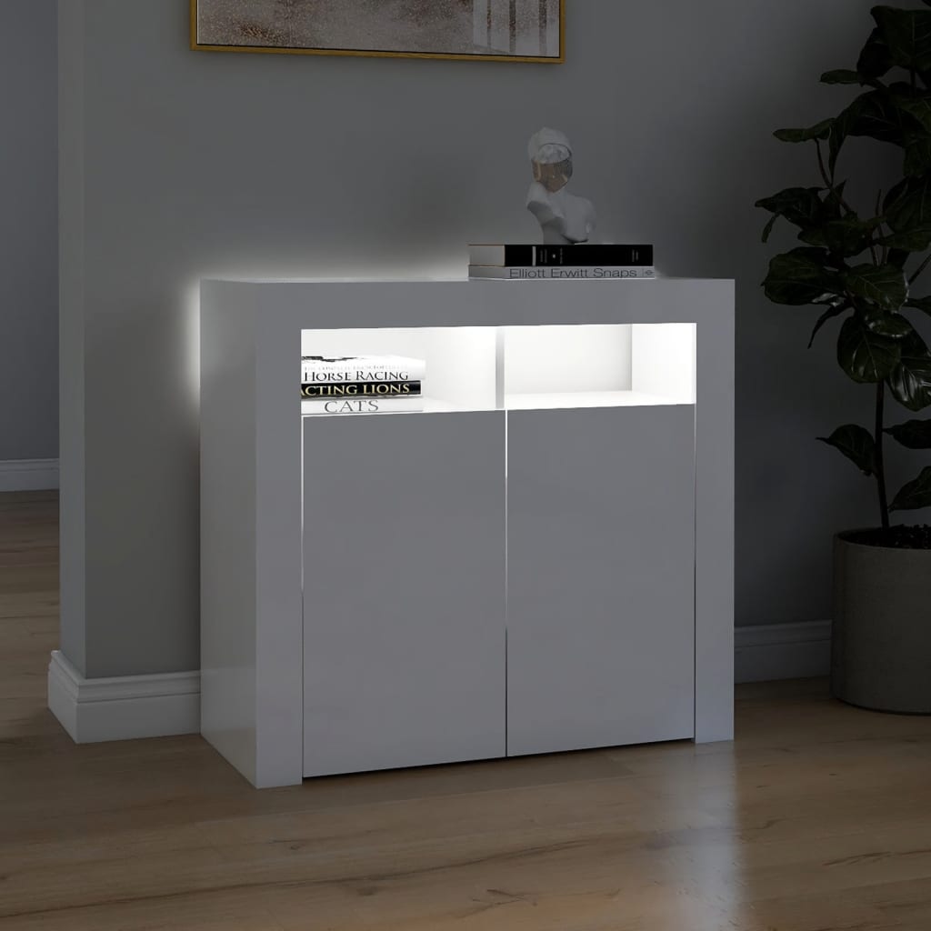 Credenza con Luci a LED Bianco Lucido 80x35x75 cm