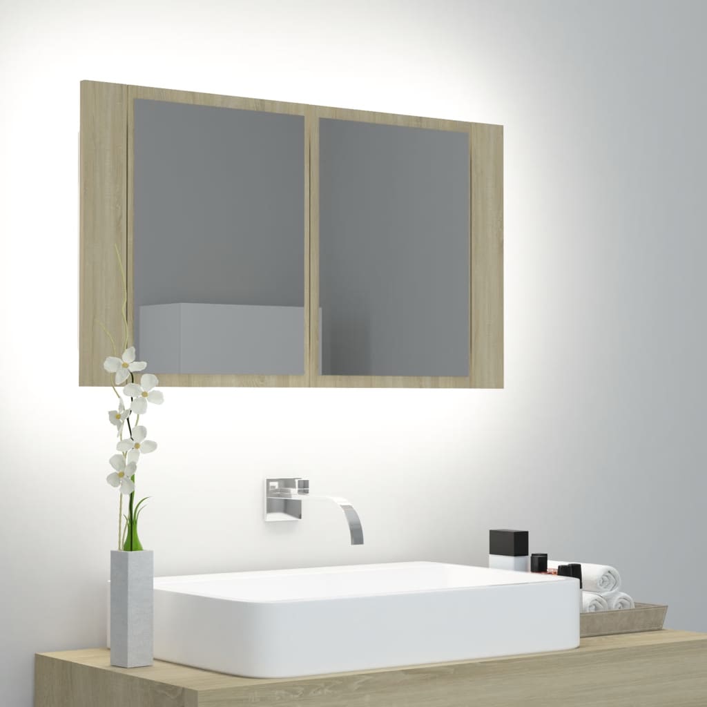 Armadietto a Specchio con Luci LED Rovere Sonoma 80x12x45 cm cod mxl 73147