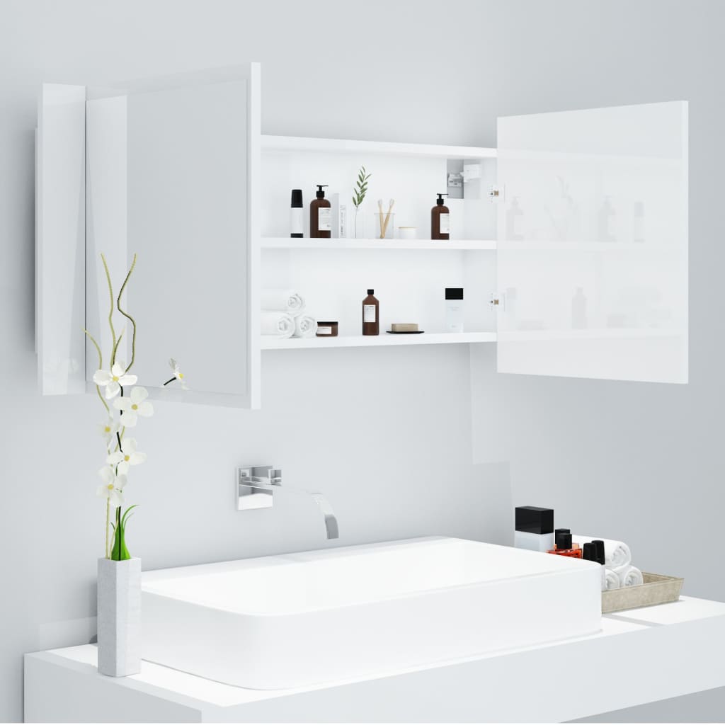 Armadietto a Specchio con Luci LED Bianco Lucido 100x12x45 cm cod mxl 74021