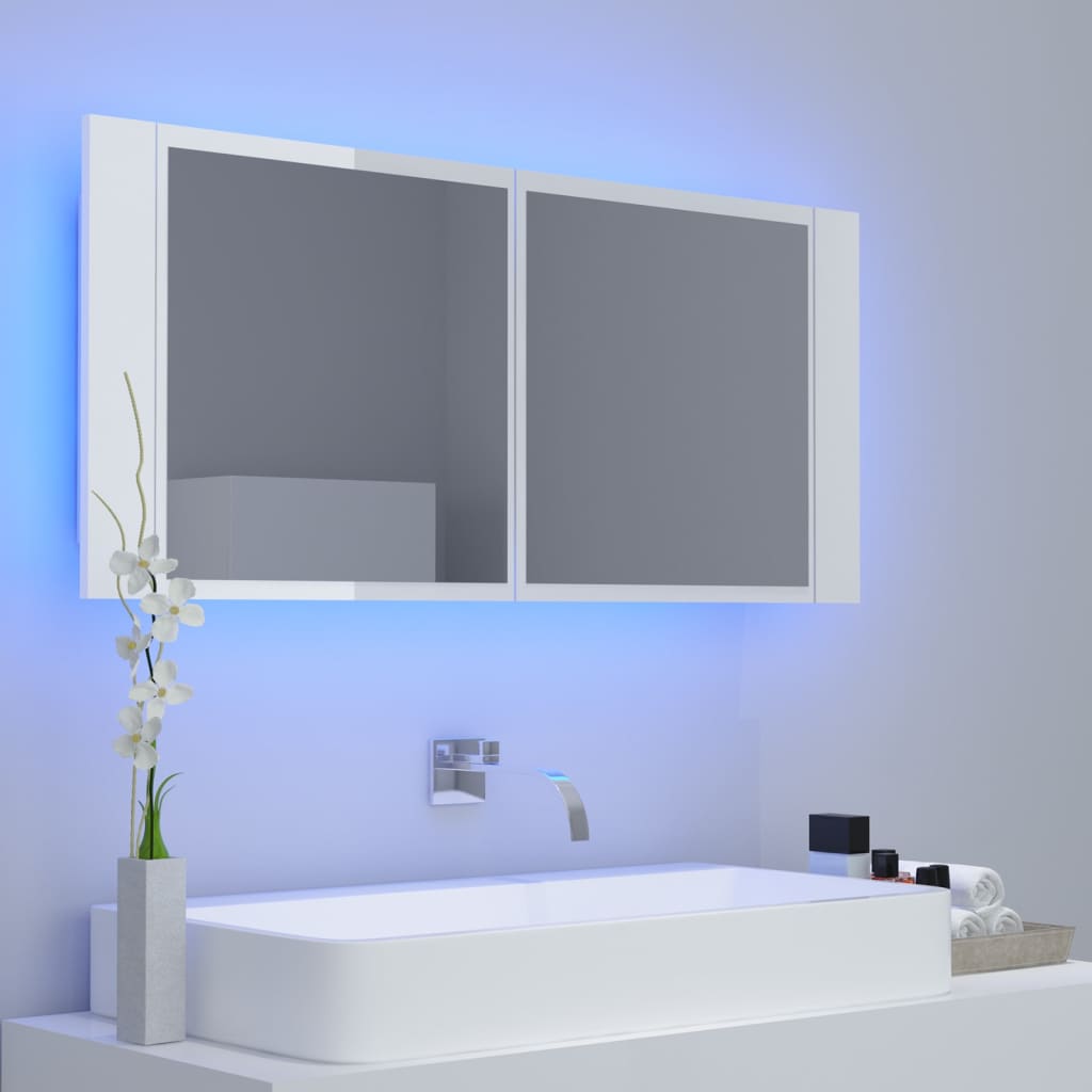 Armadietto a Specchio con Luci LED Bianco Lucido 100x12x45 cm cod mxl 74021