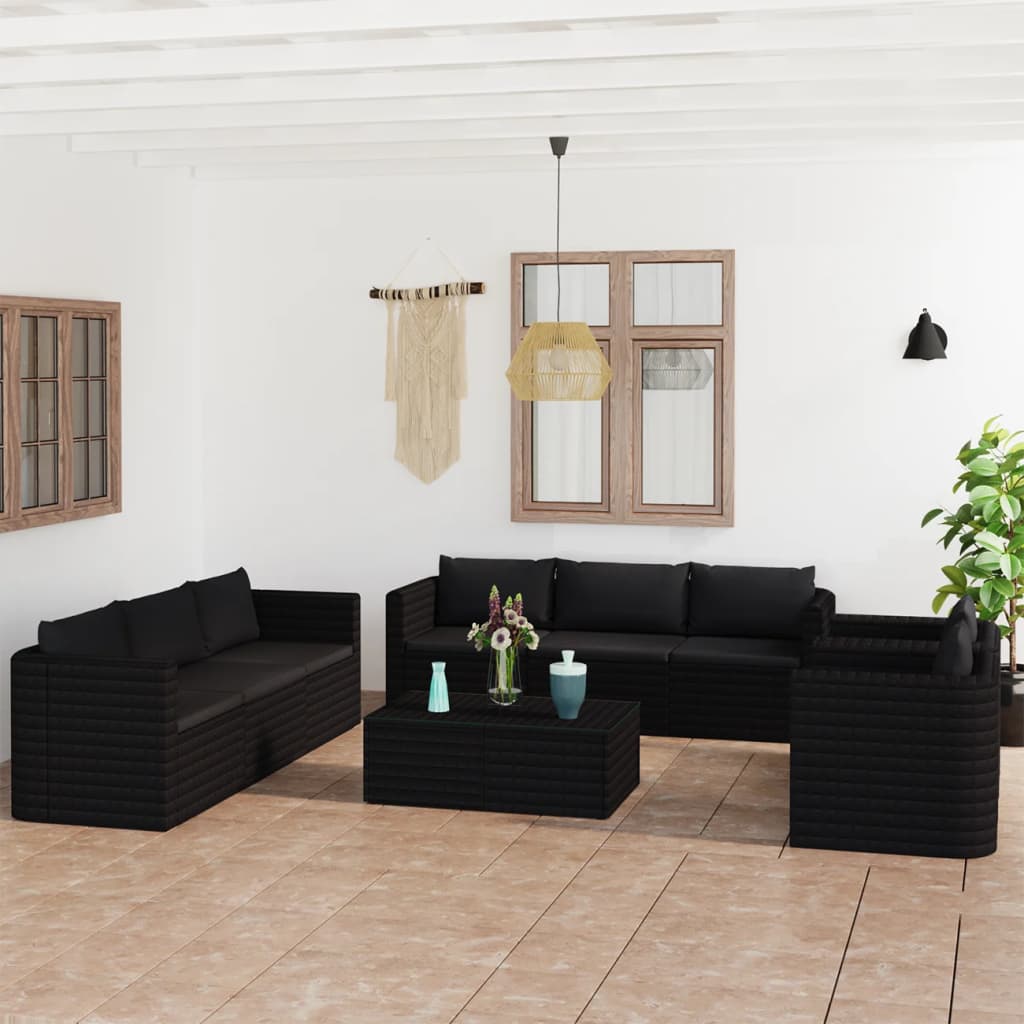 Set Divani da Giardino 10 pz con Cuscini in Polyrattan Nero 3059499