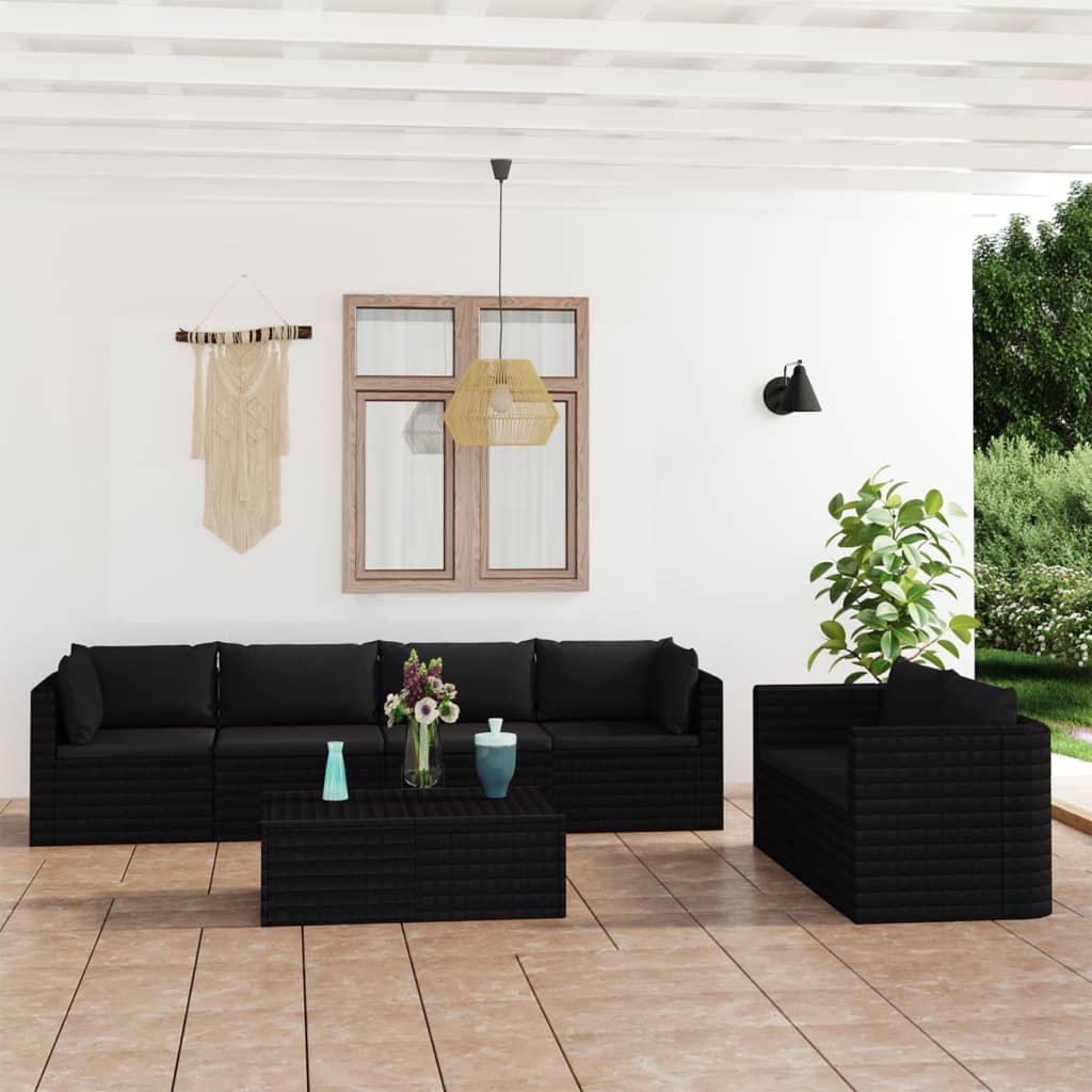 Set Divani da Giardino 7 pz con Cuscini in Polyrattan Nero 3059501