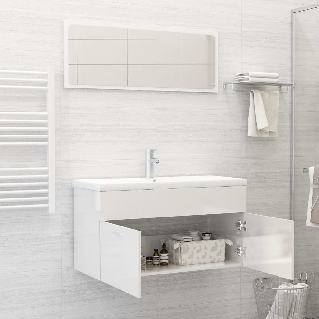 Set Mobili da Bagno 2 pz Bianco Lucido in Legno Multistrato 804806