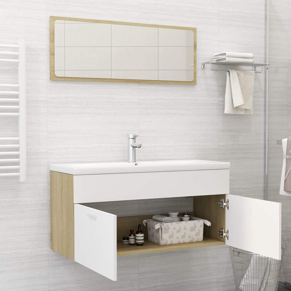 Set Mobili Bagno 2pz Bianco e Rovere Sonoma Legno Multistrato 804814