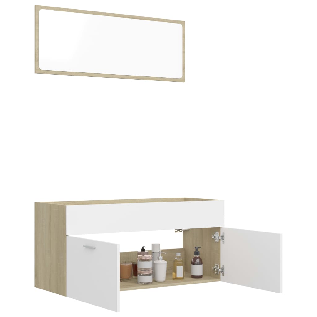 Set Mobili Bagno 2pz Bianco e Rovere Sonoma Legno Multistrato 804814