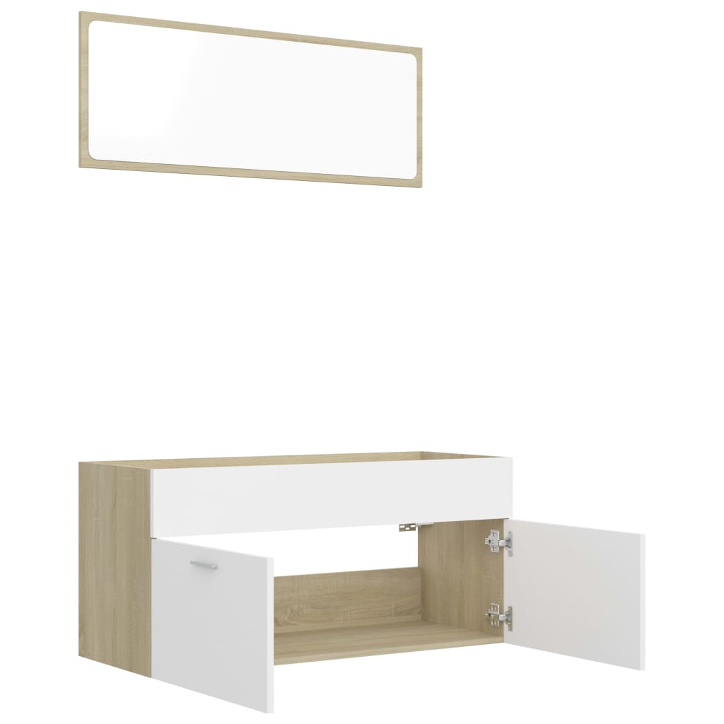 Set Mobili Bagno 2pz Bianco e Rovere Sonoma Legno Multistrato 804814