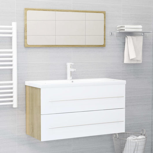 Set Mobili Bagno 2 pz Bianco e Rovere Sonoma Legno Multistrato 804850