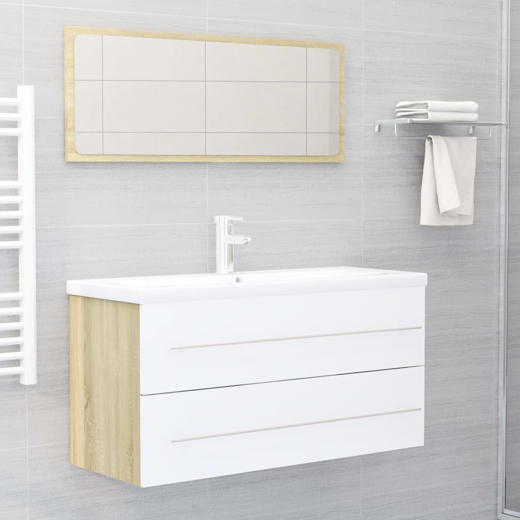 Set Mobili Bagno 2 pz Bianco e Rovere Sonoma Legno Multistrato 804859