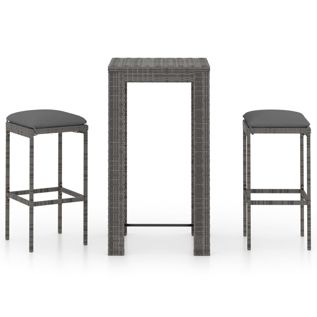 Set Bar da Giardino 3 pz con Cuscini in Polyrattan Grigio 3064776