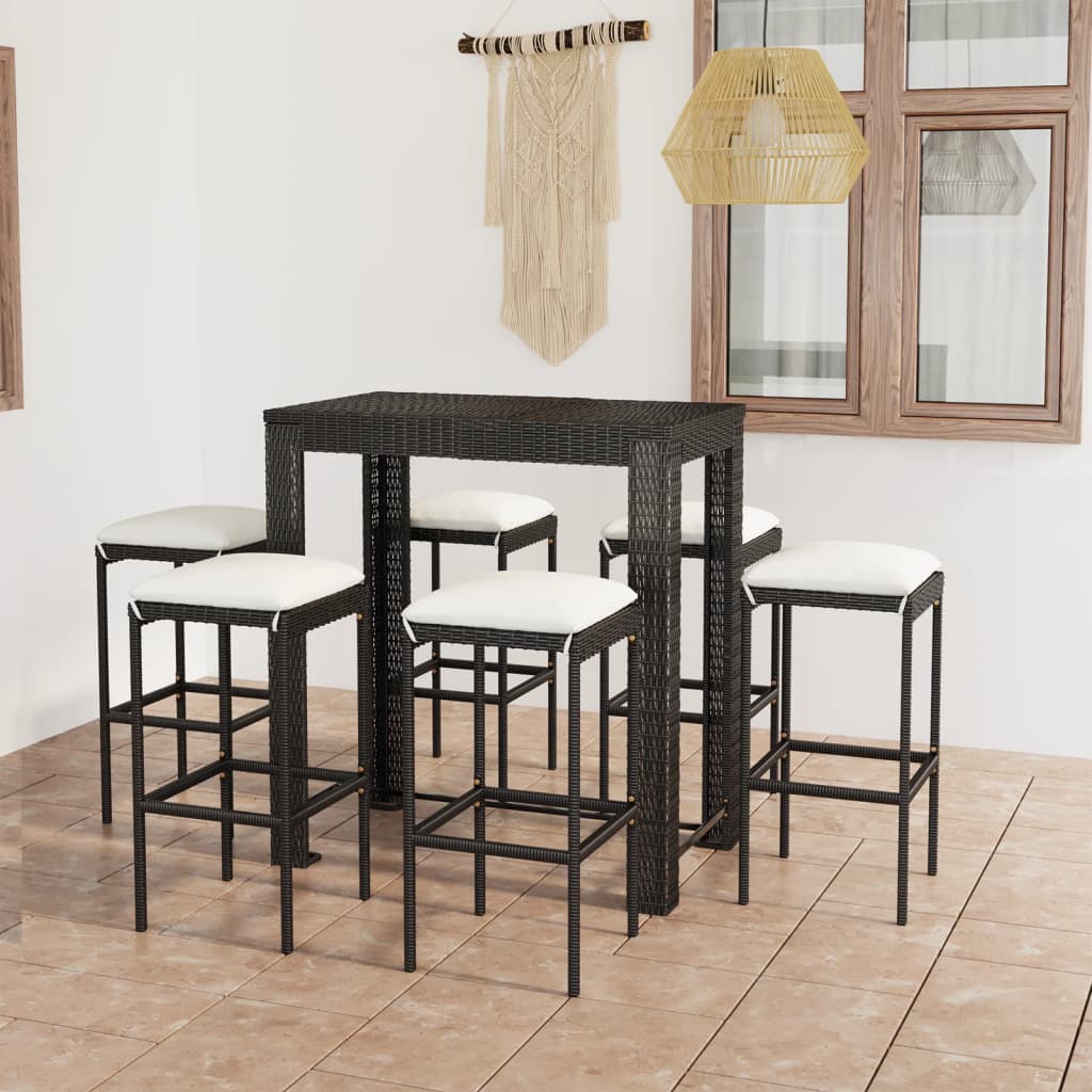 Set Bar da Giardino 7 pz con Cuscini in Polyrattan Nero cod mxl 40284