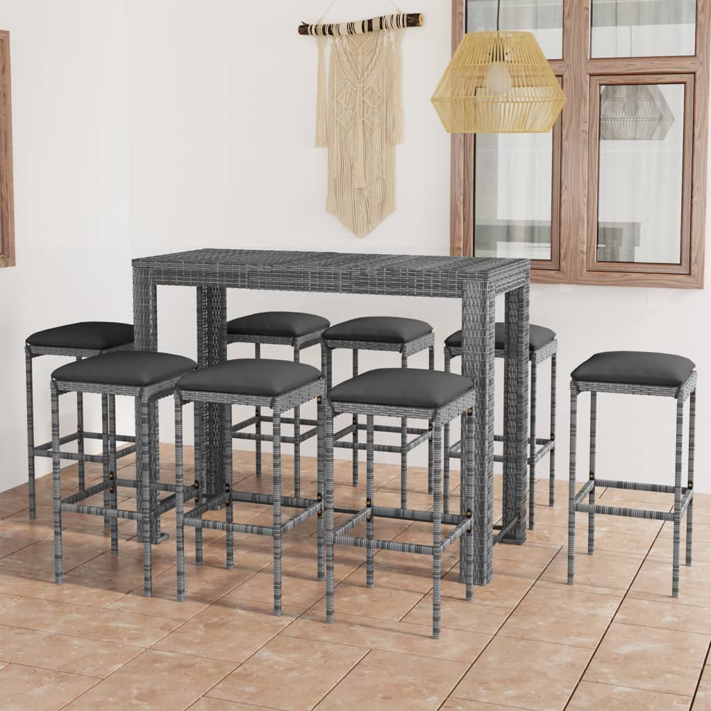 Set da Bar da Giardino 9 pz con Cuscini in Polyrattan Grigio 3064791